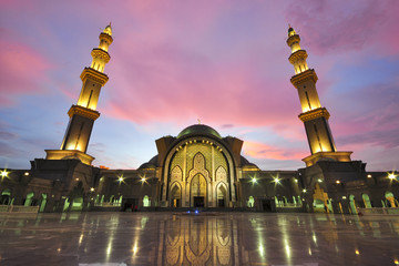 Stunning dusk sky over the Wilayah Mosque, Kuala Lumpur, Malaysia.