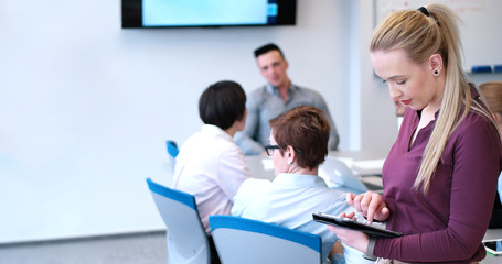 Fototapeta premium Pretty Businesswoman Using Tablet In Office Building during conference