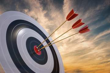 3D rendered illustration of target with arrows at sunset.