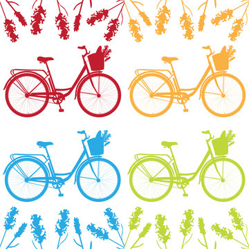 Realistic bicycle, romantic bike with flowers, bike for breakfast, vector bike for design with lavender