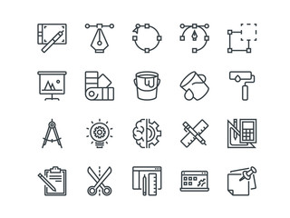 Design and Development. Set of outline vector icons. Includes such as Brainstorming, Retouching, Programming and other. Editable Stroke. 48x48 Pixel Perfect.