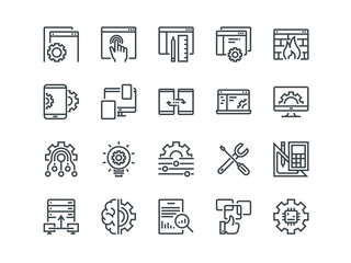 Web Development. Set of outline vector icons. Includes such as UX, Coding, Interface and other. Editable Stroke. 48x48 Pixel Perfect.