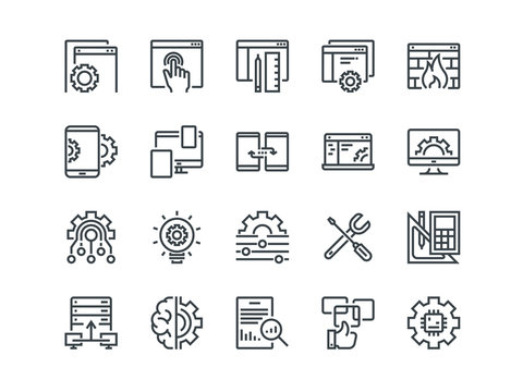 Web Development. Set of outline vector icons. Includes such as UX, Coding, Interface and other. Editable Stroke. 48x48 Pixel Perfect.