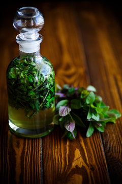Mint syrup in a glass bottle
