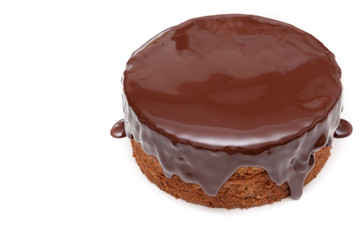 Chocolate ganache cake pound on white background isolated with copy space