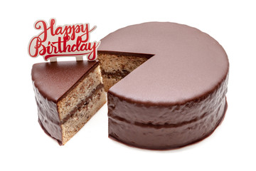 Sliced chocolate ganache cake pound with happy birthday sign on white background isolated