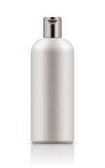 Vector blank template. Mock-up of white plastic bottle with cap. Realistic 3d container for body lotion, shampoo, milk for skin care. Empty and clean packaging for cosmetic product. Isolated on white