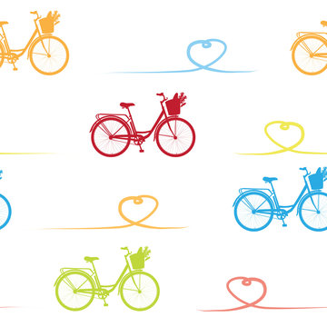 Pattern with realistic bicycle, seamless pattern with romantic bike in reb, yellow, blue and green. Bike for breakfast pattern on white background