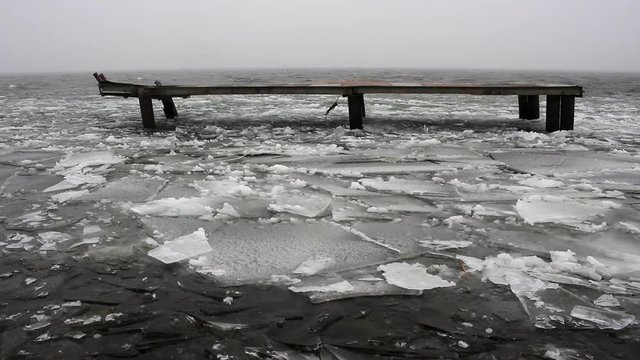 Strong storm wind and snow on the river. Old, abandoned pier and ice drift. In the background, the seagull flies, it is not afraid of a strong headwind. 
