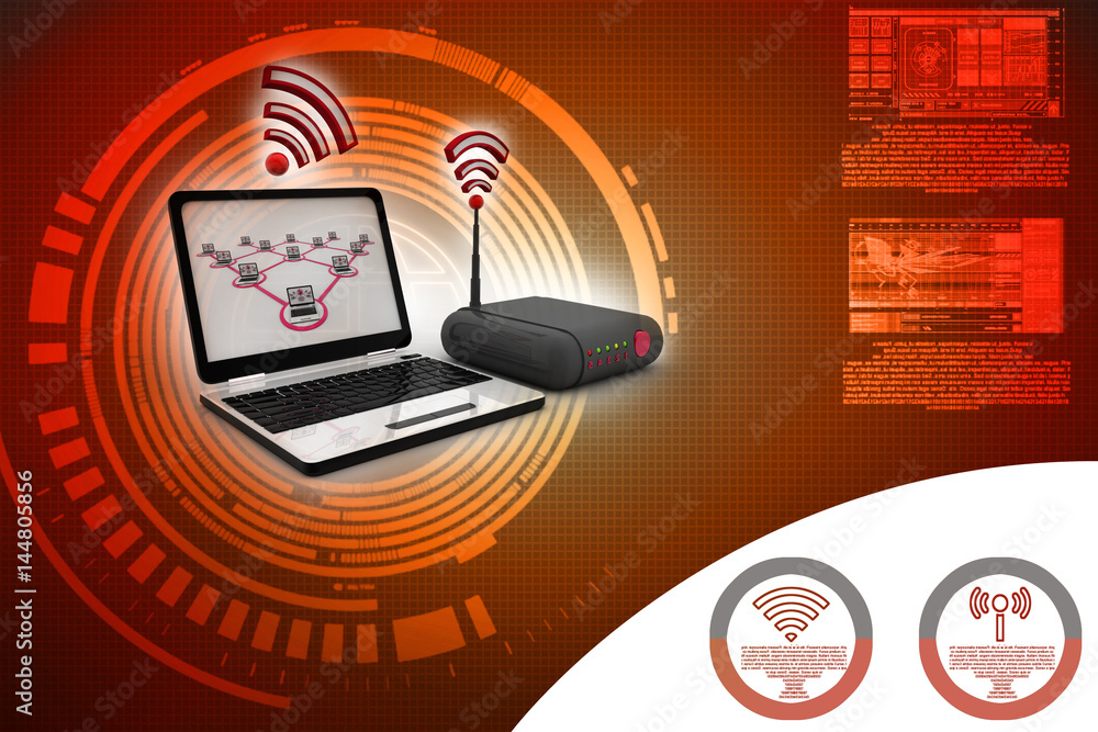 Poster 3d rendering transmitter wi-fi modem with laptop
