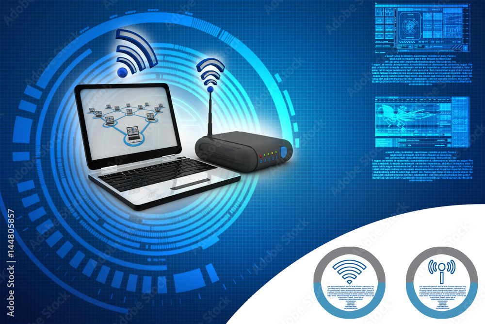 Poster 3d rendering transmitter wi-fi modem with laptop