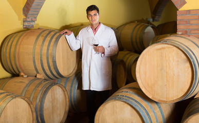 handsome man checking ageing process of red wine