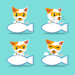 Vector cartoon character cat with big fish sign
