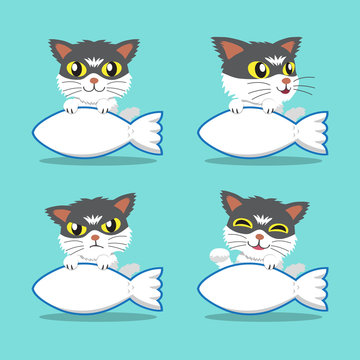 Set of cartoon character cat with fish sign