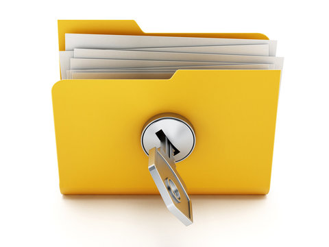 Key on locked yellow folder. 3D illustration
