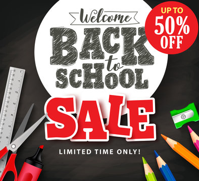 Welcome back to school sale text in vector with school items and supplies for store promotion banner in black textured background. Vector illustration.
