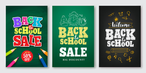 Back to school sale vector set of poster and banner with colorful title and elements in black and green background for retail marketing promotion and education related. Vector illustration.

