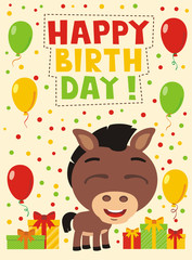 Happy birthday! Funny horse with gifts and balloons. Card with horse in cartoon style for child birthday.