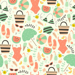 Hand Drawn Vacation Seamless Pattern.