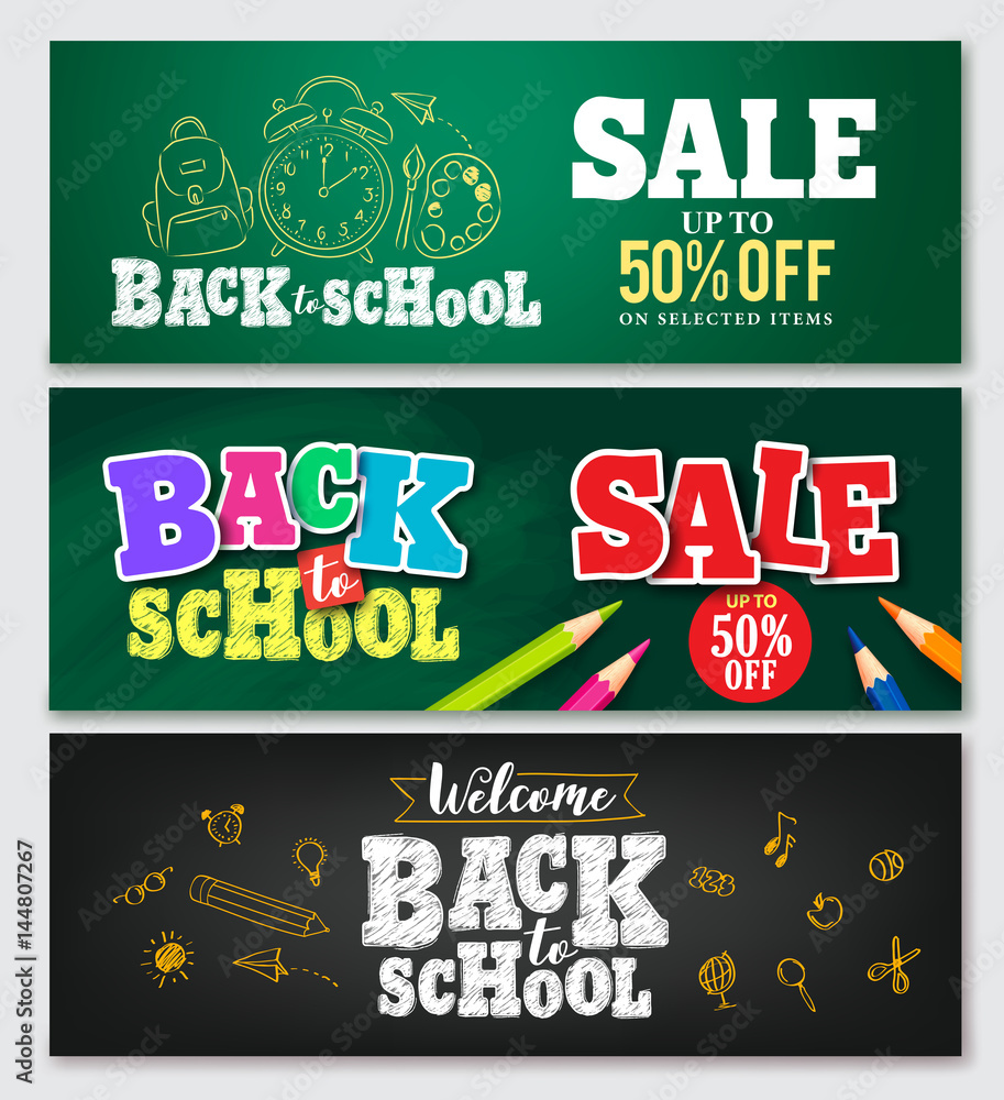Poster set of vector banner back to school designs with colorful elements and text in green and black backg