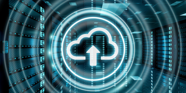 Server room data center with cloud blue icon 3D rendering