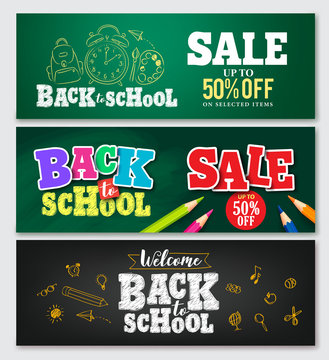 Set of vector banner back to school designs with colorful elements and text in green and black background for store discount promotion and school related. Vector illustration.
