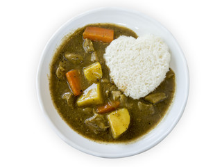 Spicy Curry Pork with rice in white plate isolated on white background