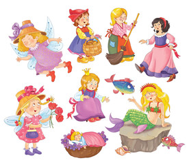 Set of fairy tale beauties. Fairy tale. Coloring page. Illustration for children. Funny cartoon characters