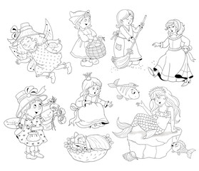 Set of fairy tale beauties. Fairy tale. Coloring page. Illustration for children. Funny cartoon characters