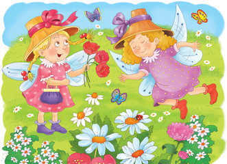 Two cute fairies and flowers. Fairy tale. Coloring page. Illustration for children. Funny cartoon characters