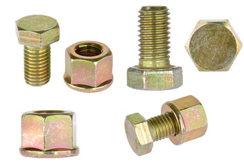 Zinc hex bolt with lock washer nut isolated on white background