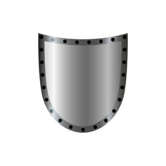 Silver shield shape icon. 3D gray emblem sign isolated on white background. Symbol of security, power, protection. Badge shape shield graphic design Vector illustration