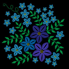 Embroidery stitches imitation with blue flower and green leaf
