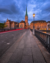 Fraumunster Church and Munster Bridge in the Evening, Zurich, Switzerland