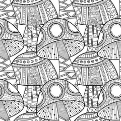 Black and white seamless pattern with decorative mushrooms for coloring book.