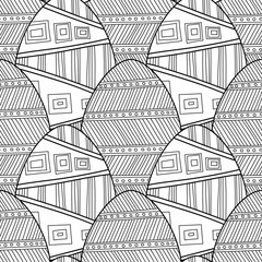 Black, white seamless pattern of decorative eggs for coloring page.