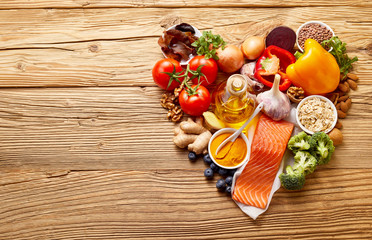 Healthy food ingredients in shape of heart