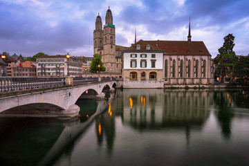 Fototapeta na wymiar Grossmunster Church and Limmat River in the Morning, Zurich, Switzerland