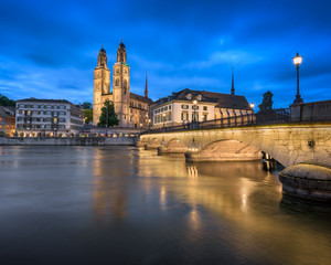 Grossmunster Church and Limmat River in the Evening, Zurich, Switzerland