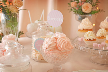 Candy bar. Table with different sweets for party