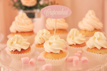 Glass stand with tasty cupcakes, closeup