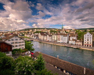 Fototapeta na wymiar Aerial View of Zurich Skyline and Limmat River, Zurich, Switzerland