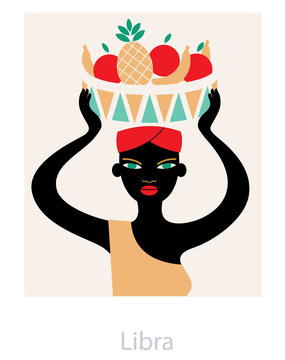 Libra woman horoscope as a black afro female carrying basket full of the fruits on her head. Vector illustration.