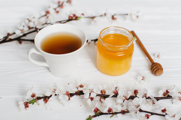Bank of honey, spoon, blossom branches and cup of hot tea on a white wooden background.