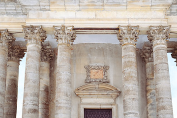 Closeup view of ancient building with columns