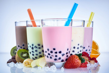 Refreshing milky bubble tea with tapioca pearls