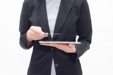 Businesswoman looking of tablet. young woman looking card onher hand.