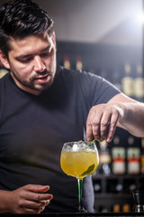Barman is decorating cocktail