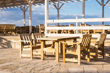 Street cafe. Wooden outdoor restaurant