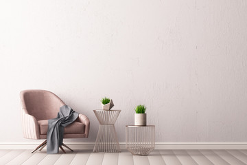 Interior with an armchair and a little table on a background of an empty wall, 3D render, 3d illustration.